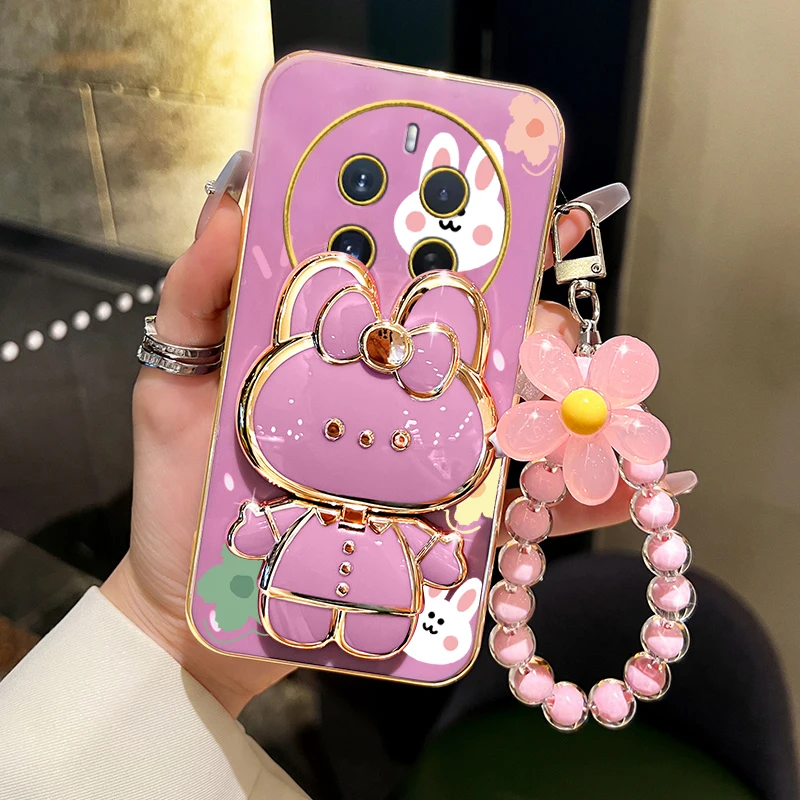 Flower Strap Rabbit Makeup Mirror Phone Holder Case On For Oppo Realme 12 Pro Plus Realme12 Luxury Girl Woman Stand Cover