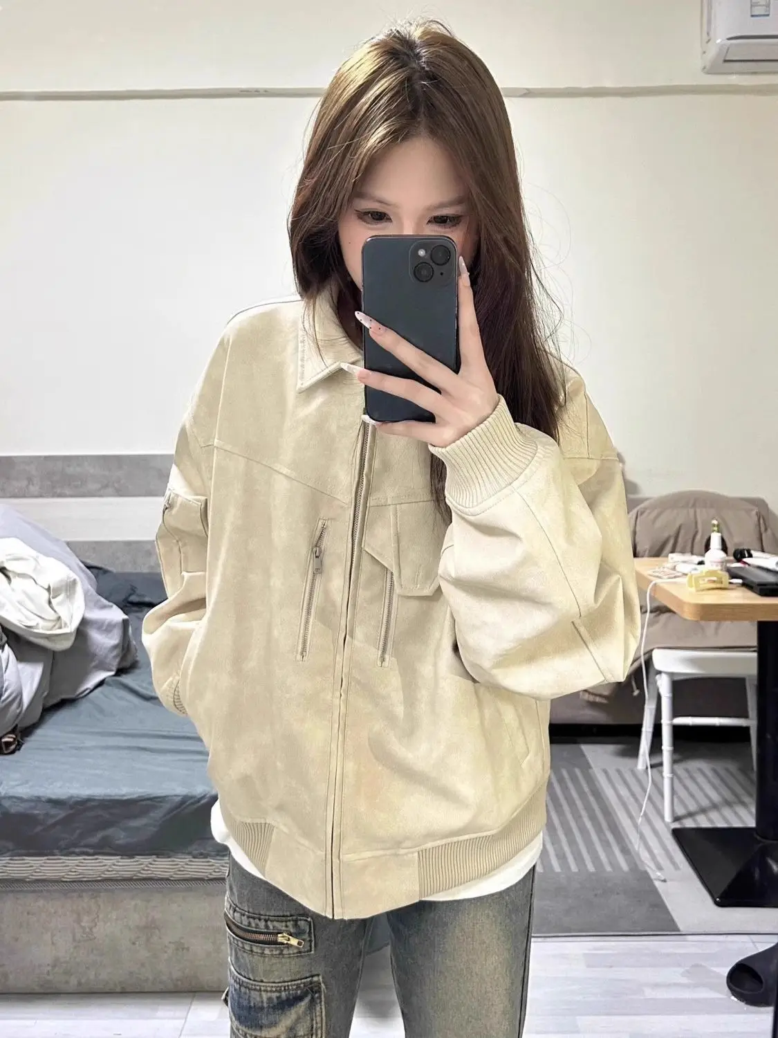 سترات راكبي الدراجات النارية سترة نسائية خضراء ربيعية Officelady منقوشة طية صدر السترة مصممة خصيصًا في مكان العمل، مخملية أنيقة احترافية #1