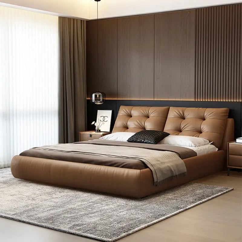 Mocha color leather high box storage bed modern simple master Italian light luxury Internet celebrity master