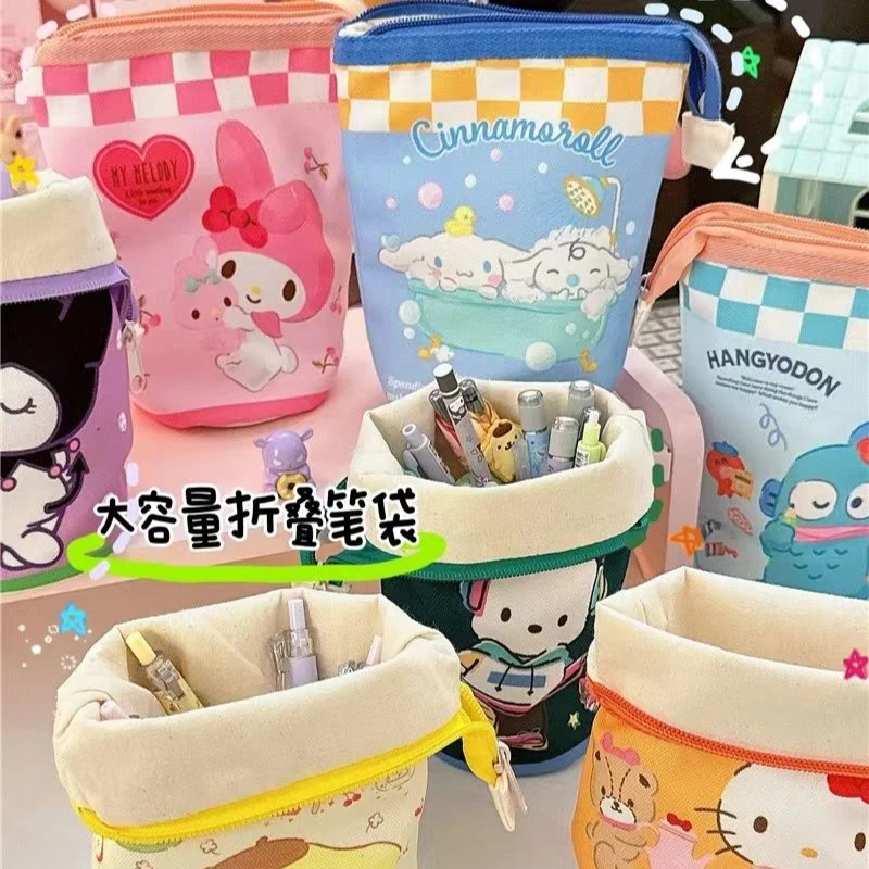 

New Kawaii Sanrio Anime Hobby Hello Kitty Kuromi My Melody Cinnamon Roll Cartoon Canvas Large Capacity Foldable Pen Case Gift
