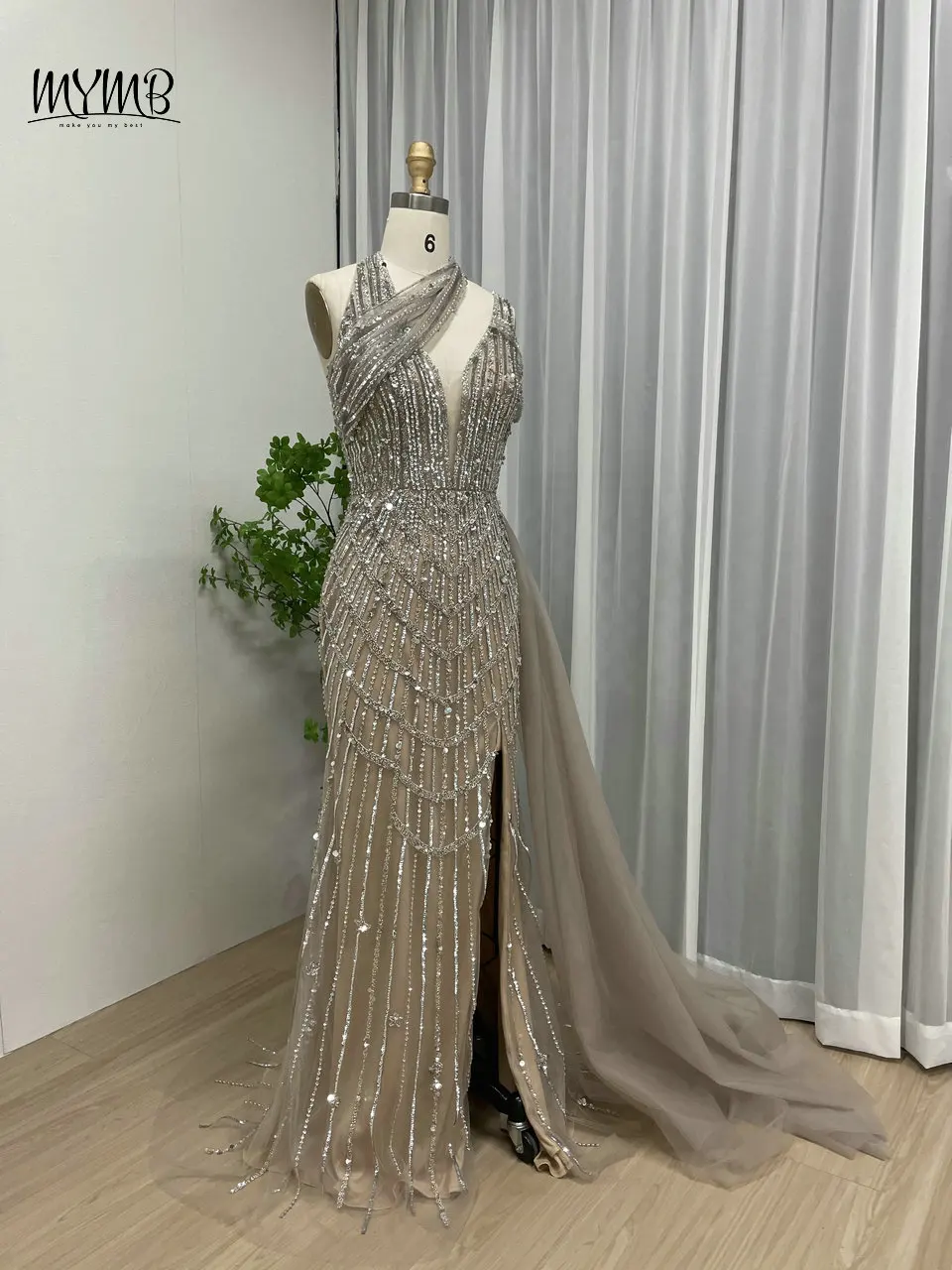 MYMB Lila Rosa Neckholder Meerjungfrau Split Arabische Abendkleider für Frauen Promi Wunderschönes Perlen Schulterfreies Hochzeitskleid – Detail 11