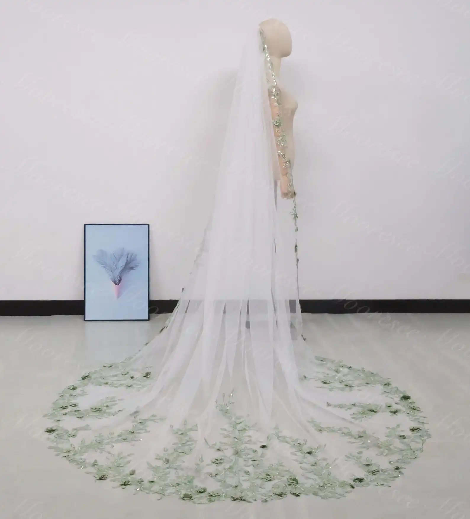 Embroidered Green Flower Bridal Veil Sequins Leaf Tip Wedding Veil Fairy Beach Cathedral Handmade Custom Length Style