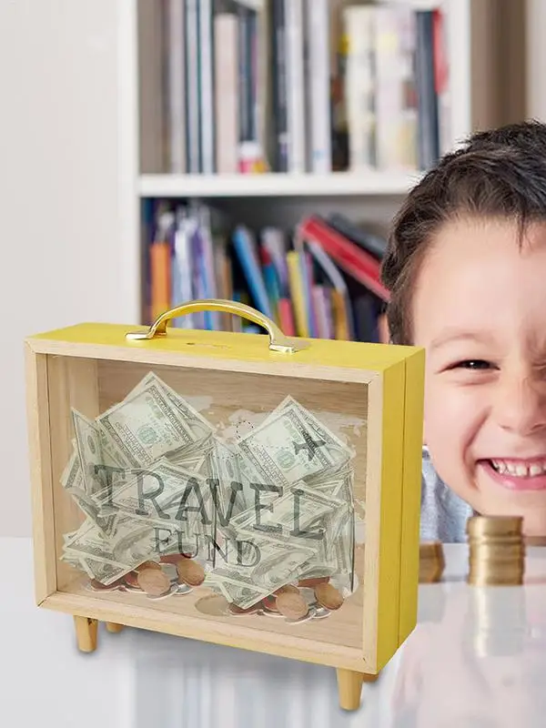 Money Saving Jar Travel Fund Piggy Bank Wooden Suitcase Bank Counting Money Jar Funny Money Bank Desktop Decor for House Warming
