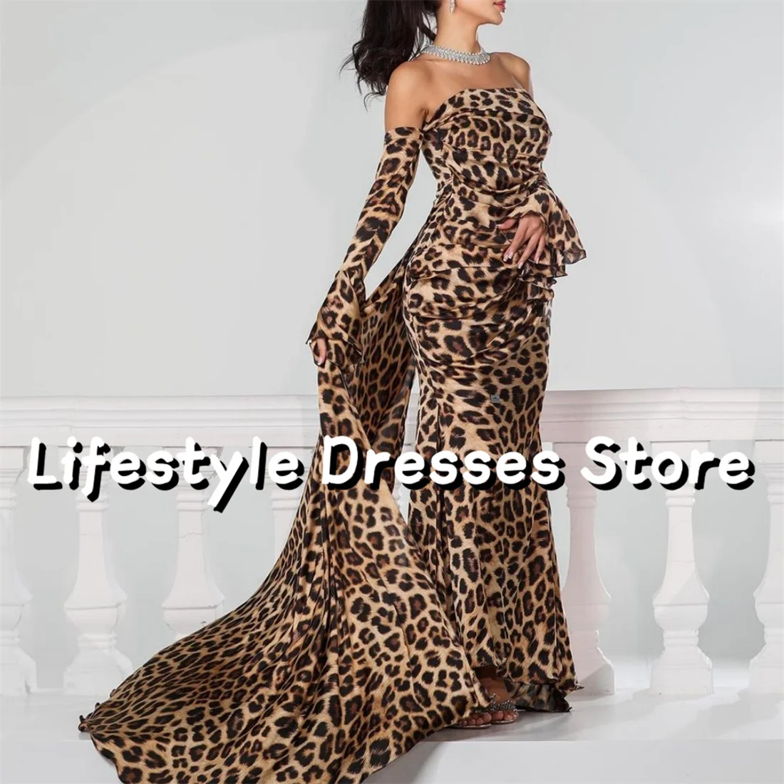 

Leopard Printing Long Flare Sleeves Evening Dresses 2024 Fashion Off Shoulder Back Long Tail Party Gown vestidos de gala