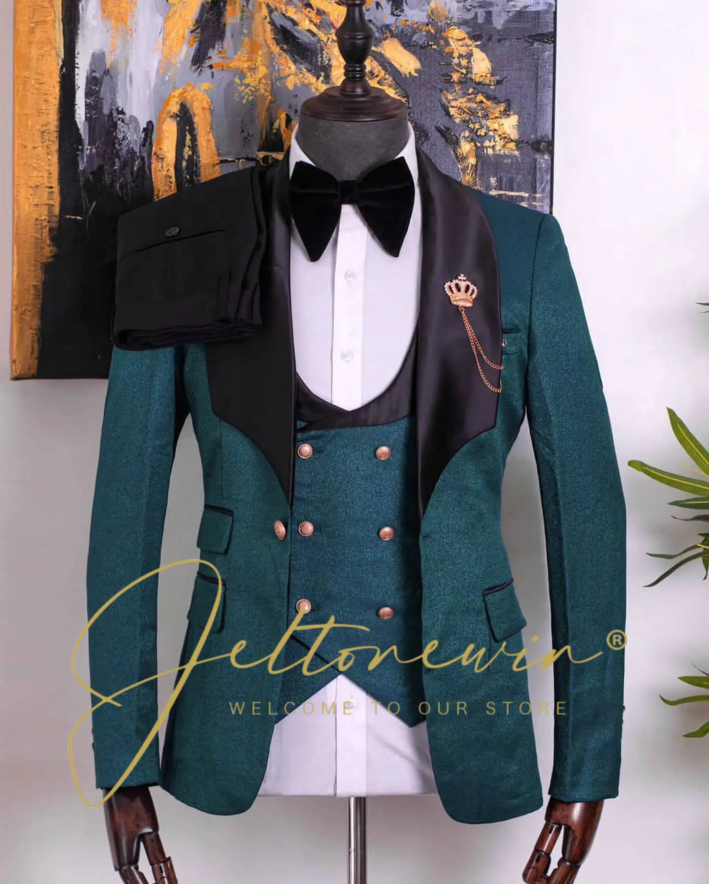 

Мужской зеленый костюм-смокинг из трех предметов с двубортным дизайном, облегающий формальный костюм для свадьбы, жениха, вечеринки, мероприятий