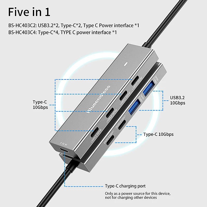 Blueendless Type c 4 port USB 3.2 gen 2 10Gbps High Speed 4 in 1 USB c Adapter for Mobile Laptop Adapter with 5V Charging port