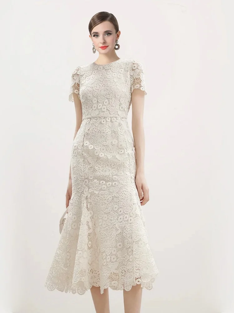 Vestidos elegantes de encaje con agujeros para mujer, Vestidos de sirena de trompeta lisos, cuello redondo, manga corta, flor de ganchillo, Vestidos de fiesta de noche para boda