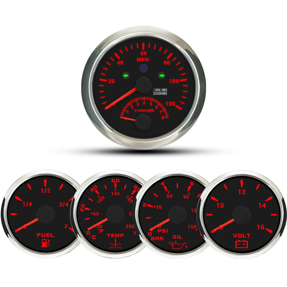 85mm GPS Speedometer 120M 200M with 0-8000RPM Tachometer with 52mm Water Temp Oil Pressure Fuel Level 12V Voltmeter for Car Boat