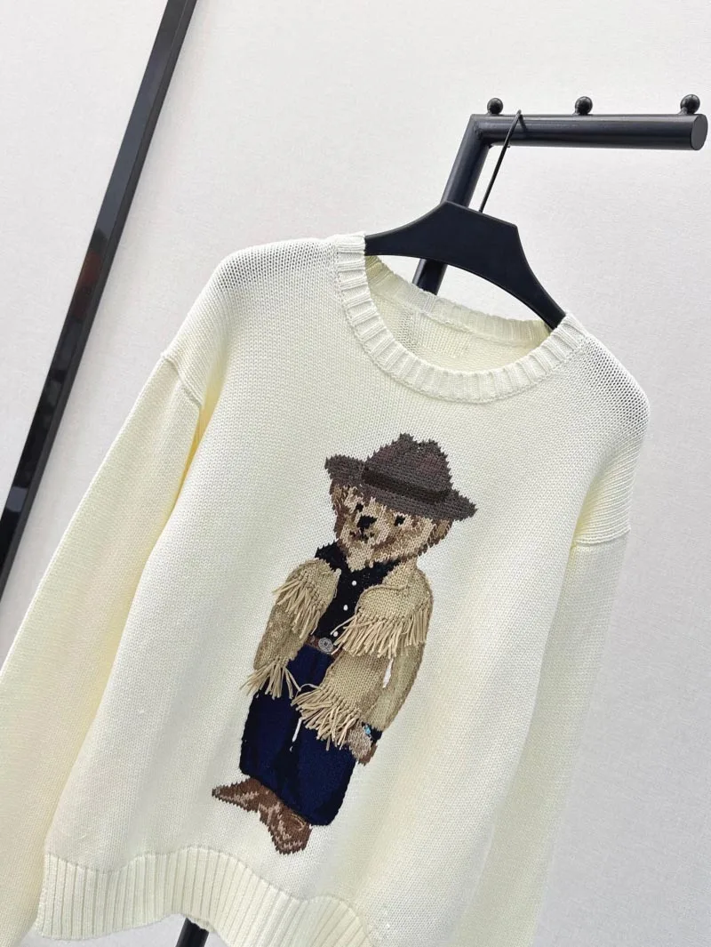 2024 Autumn/Winter New Women\'s White Casual Warm Cotton Sweater Khaki Tassel Jacket Cartoon Bear Pattern