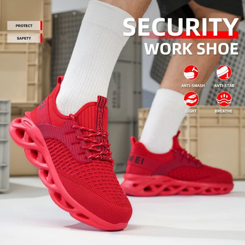 أحذية عمل آمنة للرجال باللون الأحمر قابلة للتنفس ومقاومة للثقب في الهواء الطلق أحذية غير قابلة للانزلاق أحذية رياضية للعمل للرجال قابلة للتنفس #4