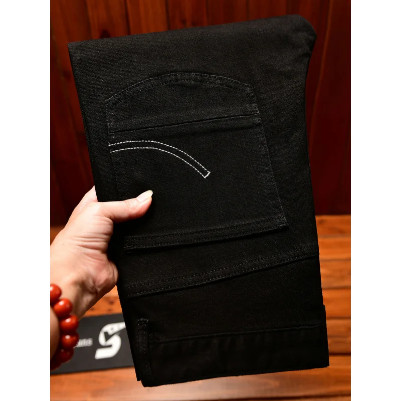 جينز أسود عالي الجودة للرجال، اتجاه قديم، طباعة طلاء، أقدام صغيرة، نمط شارع الخريف الرائع، سراويل مرنة