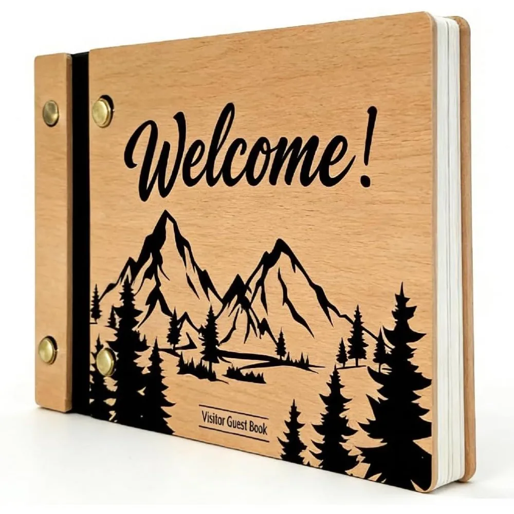 Welcome Guest Book Wood Wedding Guest Book Wooden Rustic Mountain Forest Pattern 120 Pages Visitor Guestbook Memory Party Sign