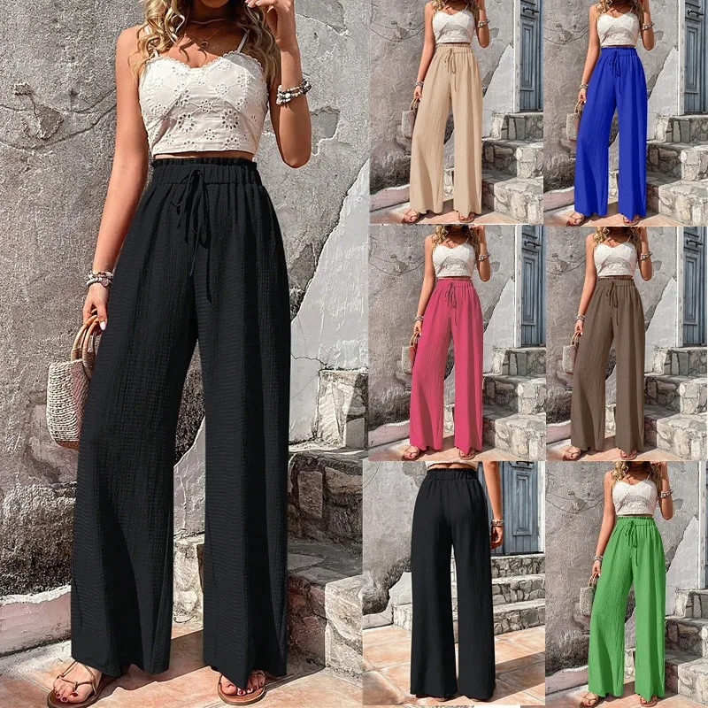 

Women's 2024 Spring/Summer Fashion Versatile Bubble Grid Casual Wide Leg Pants Streetwear Women Pants Women Korean Style