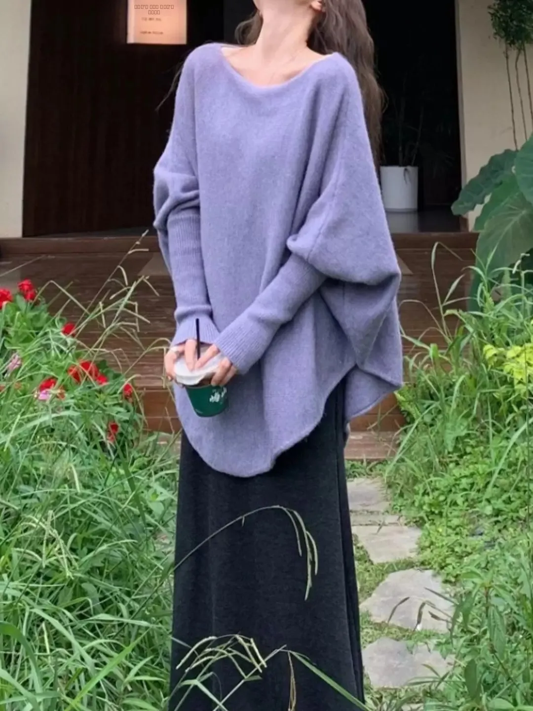 パープルニットカウルネックセーターコートカジュアル秋新作スリーブソフトレイジートップ万能カバーアップアウターウェア女性用