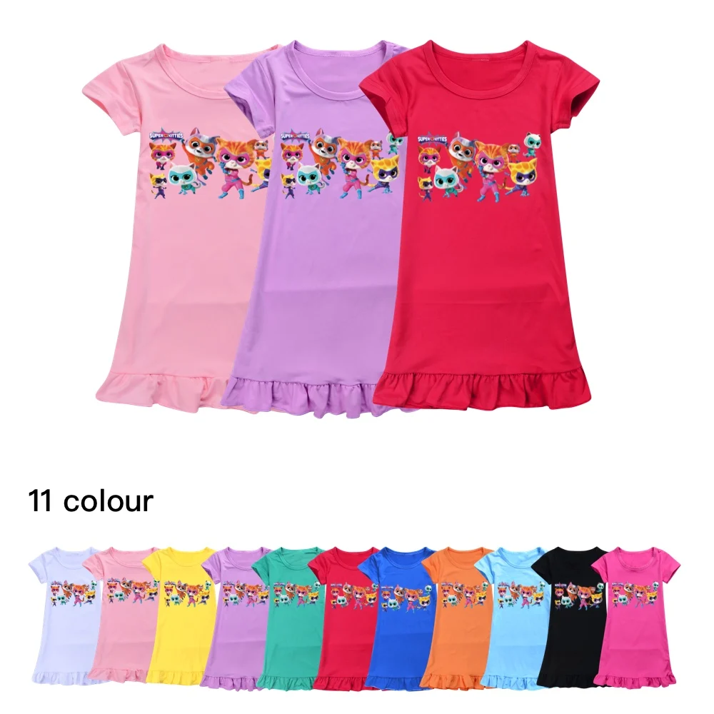 

Superkitties Clothes Kids 2024 Summer Pajamas Dress Baby Girls Short Sleeve Nightgown Children's Cartoon Super Kitties SleepWear