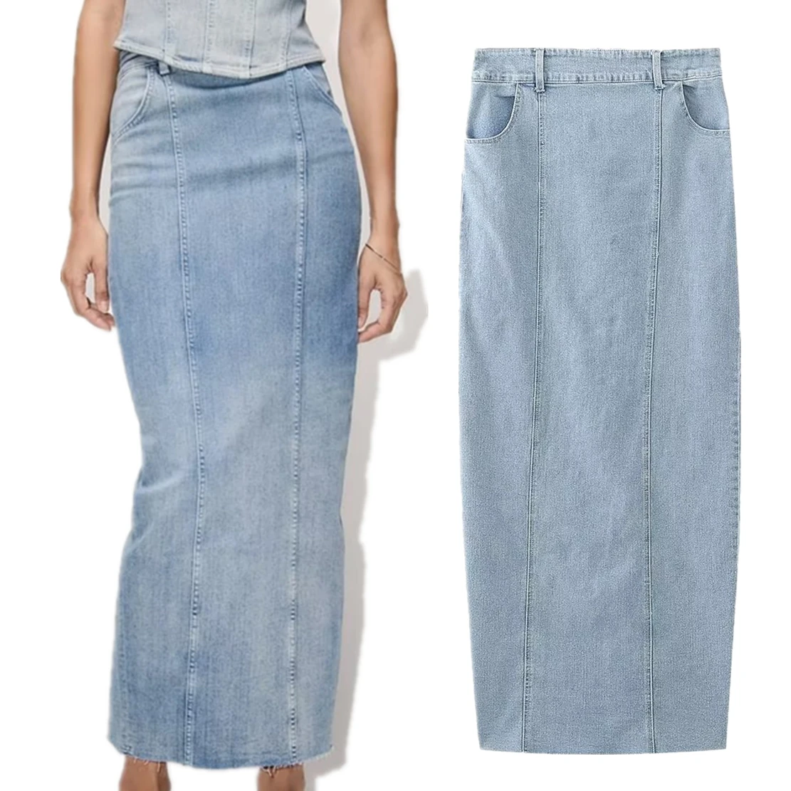 Withered Fashionable Girls Retro Washed High Street Denim Skirt High Waist Slit Sexy Midi Long Skirt Women