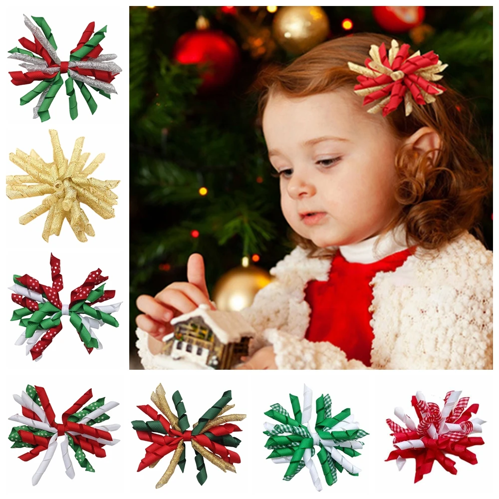 

Christmas Korker Hair Bows Alligator Clips Elastic Hairband For Girls Kids Winter Flower Curly Ribbon Corker 10PCS