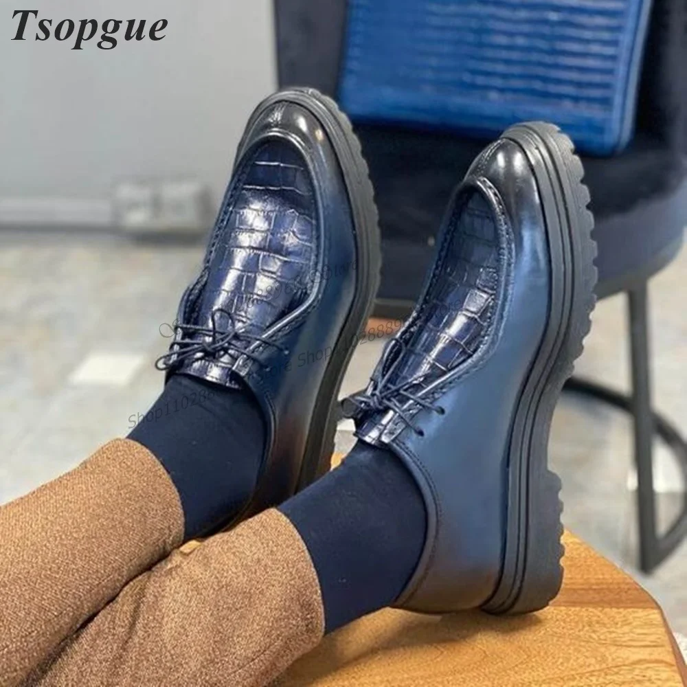 Cross-Tied Dark Blue Alligator Skin Patchwork Men\'s Pumps Shoes For Men Runway Casual Party Shoes 2023 Fashion Zapatillas Muje
