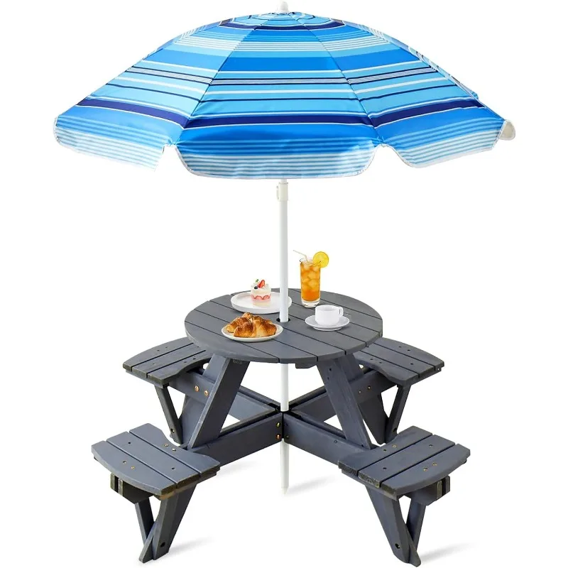 

Kids Picnic Table, Kids Outdoor Round Table with Height Adjustable Umbrella & Wood Bench, Perfect for Outdoor Garden Yard Dining