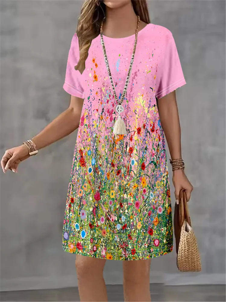 Fashion Women Dress Flower Print Pattern Design Sense Pattern Summer Elegant Women A-Line Dress Casual Short Sleeve Mini Dress