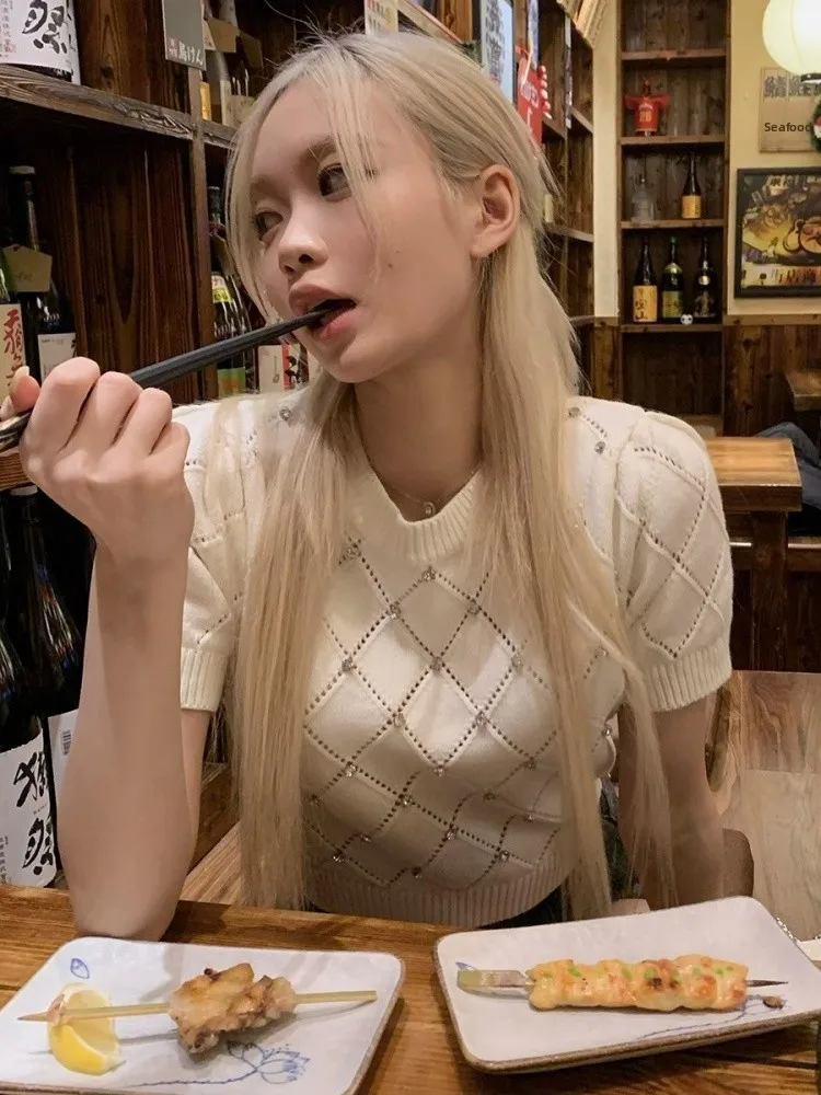 Cseta de punto de manga corta de cintura alta ajustada para mujer, Top de cuello redondo de longitud Regular con diseño de...