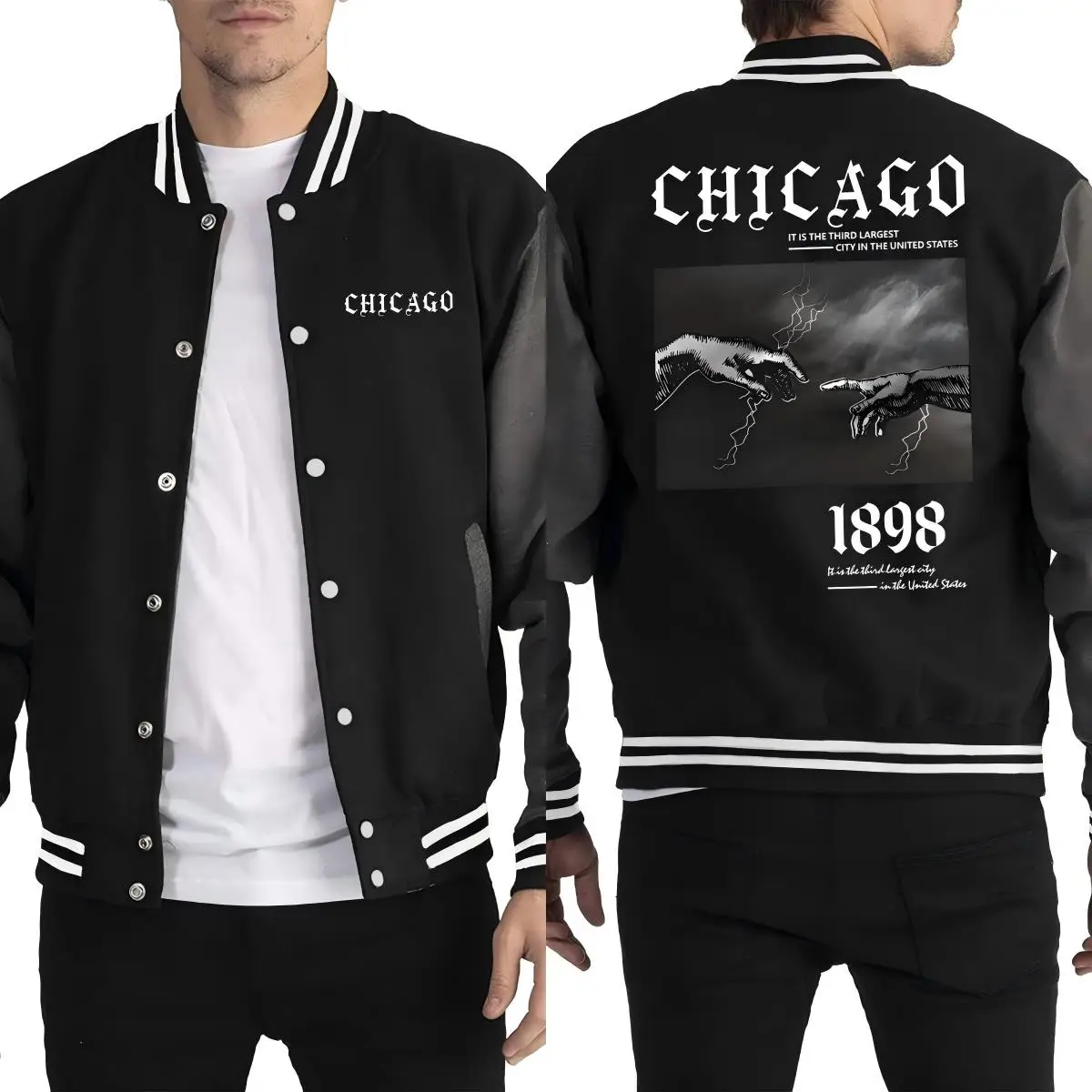 

Chicago 1898 Hand By Hand Creative Prints Men Baseball Uniform Hip Hop Fashion Sportswear Street Pocket Jacket Loose Clothes