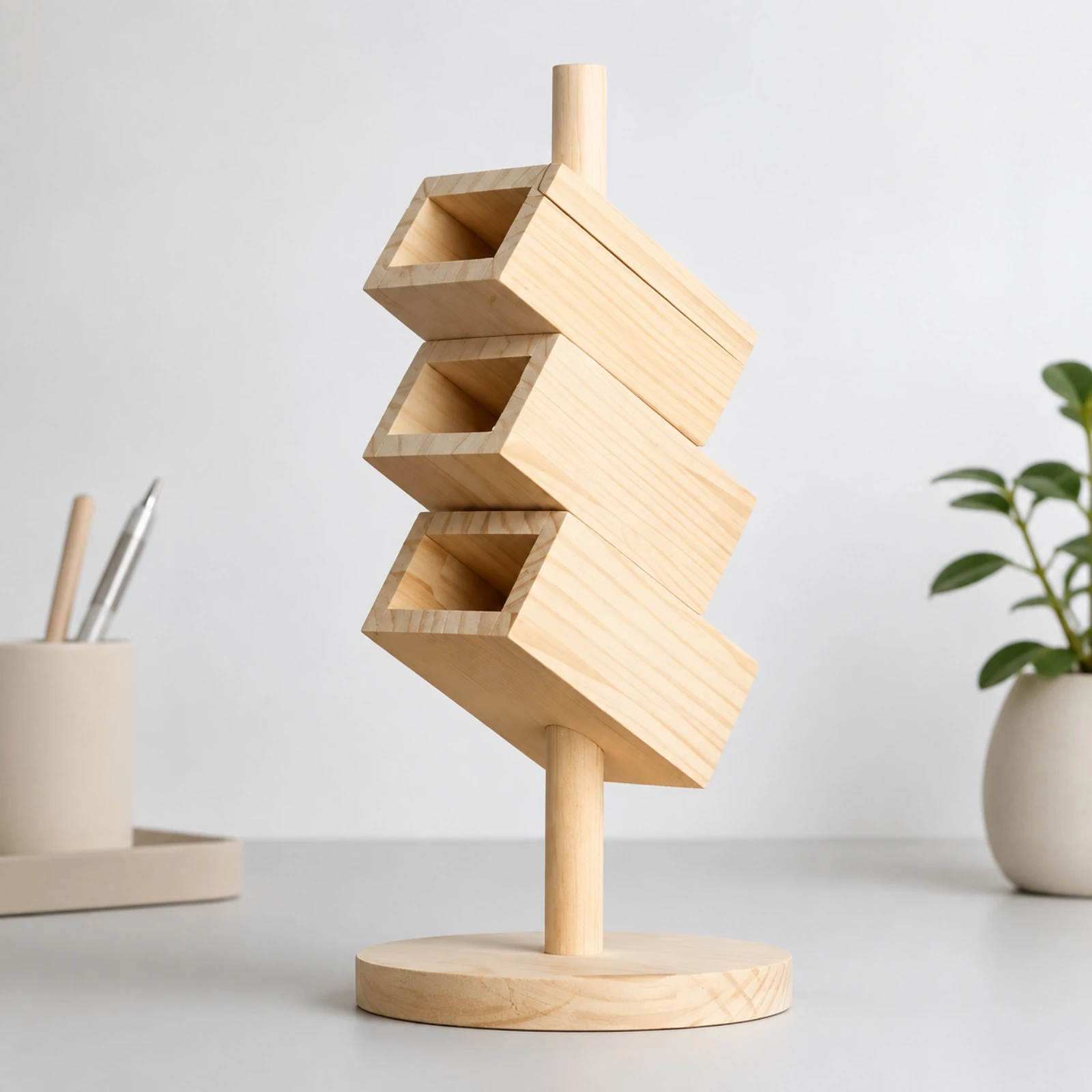 Solid Wood Rotating Desk Organizer Compact Desktop Organizer with Three Compartments Desktop Storage Holder Natural