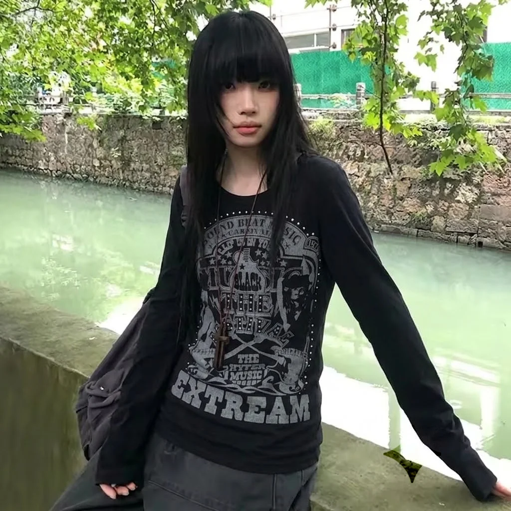 Subculture Y2K Long Sleeve T-shirt O-Neck Gothic Punk Tees American Vintage Sexy Style Autumn Harajuku Women Casual Clothing