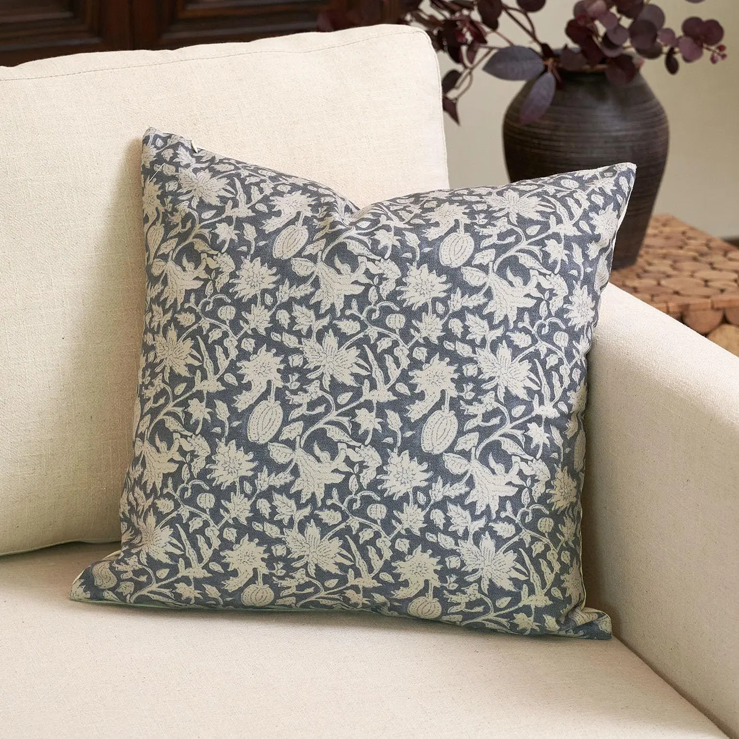 Floral Block Print Double-Sided Pillow Case Farmhouse Neutral Decorative Cushion Cover Print Home Decor for Couch Bed Sofa