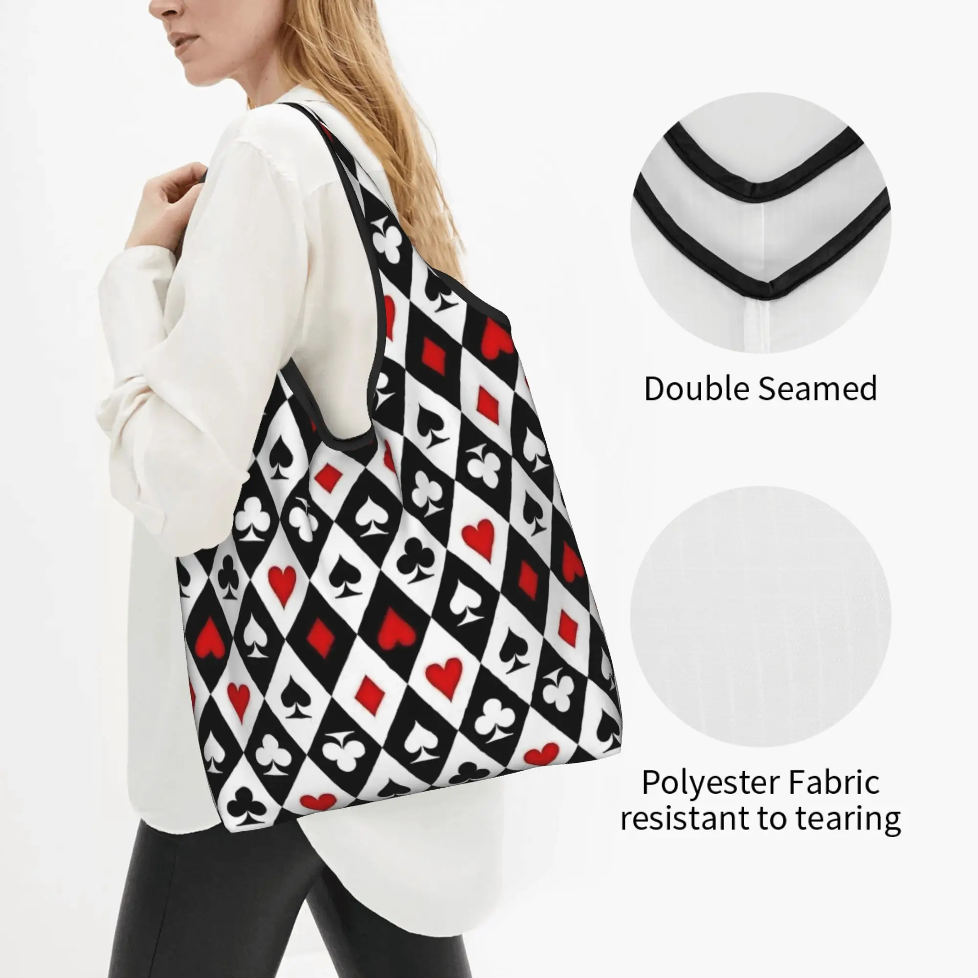 Custom Poker Playing Card Symbols  Shopping Bag Women Portable Big Capacity Grocery Heart Spade Diamond Club  Shopper Tote Bags