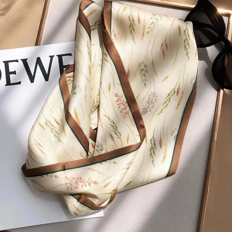 New Elegant Wheat Print Silk Scarf Women Neck Scarves Hijab Sunscreen Bag Decoration Ribbon 3