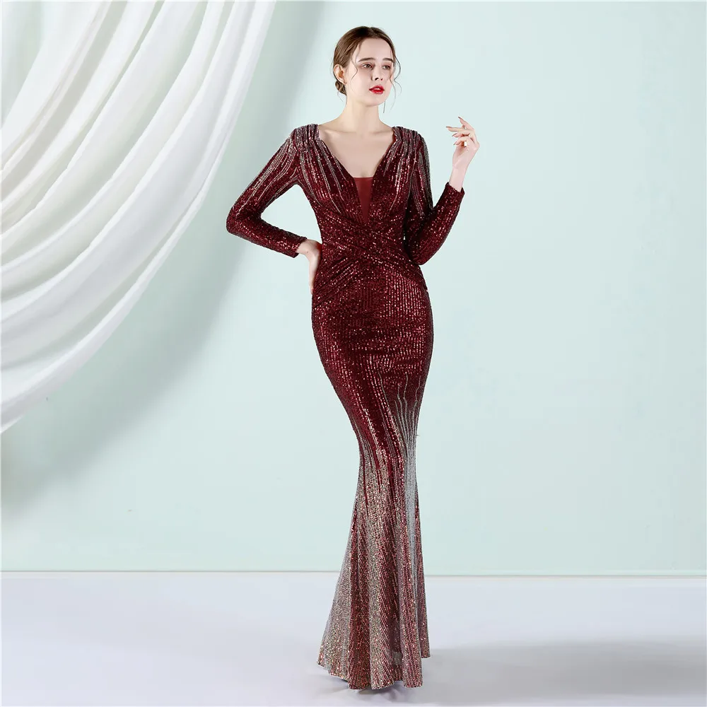 

DongCMY Long Formal Sexy Deep V Neck Sequin Evening Dress 2024 Sleeves Luxury Mermaid Maxi Robes Soirees Women Gown 19037#