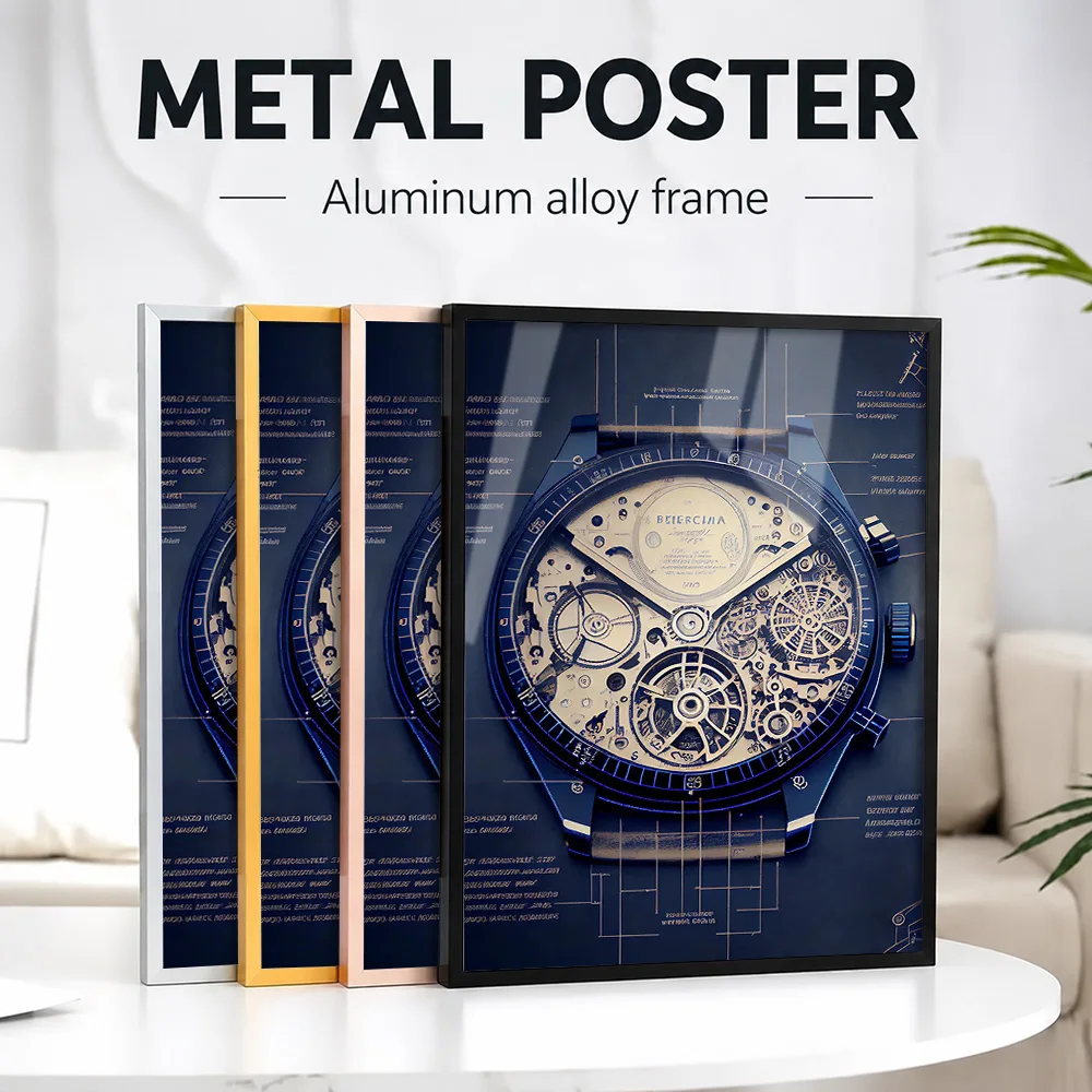Imaginary Watch Blueprint Framed Aluminum Metal Poster Customized Photo Elegant Timepiece Style Wall Art For Study Luxury Gift