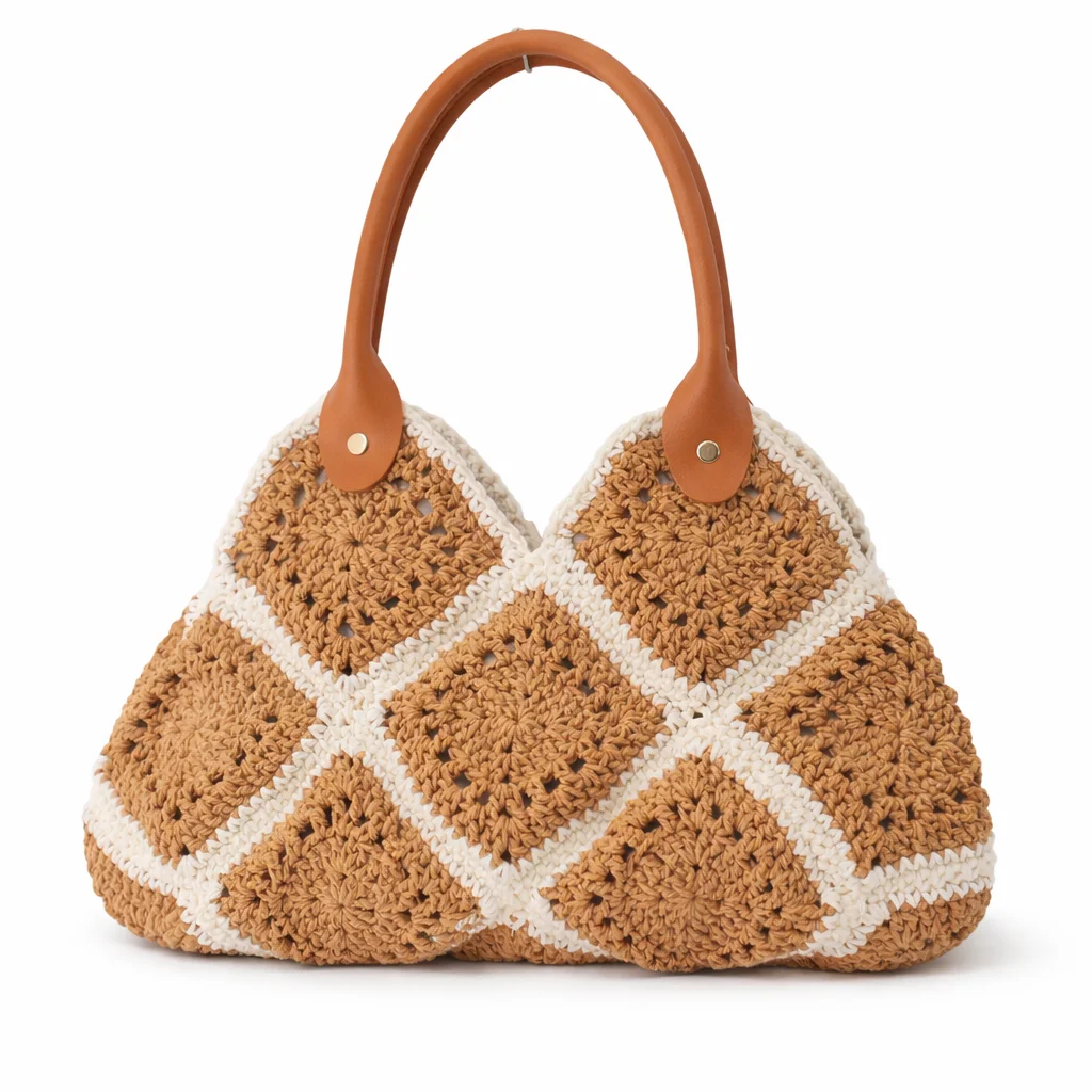 Luxury Designer Vintage Fully Handmade Crochet Handbag Granny Square Bag Leather Handle Shoulder Bag Fashion Womens Purse