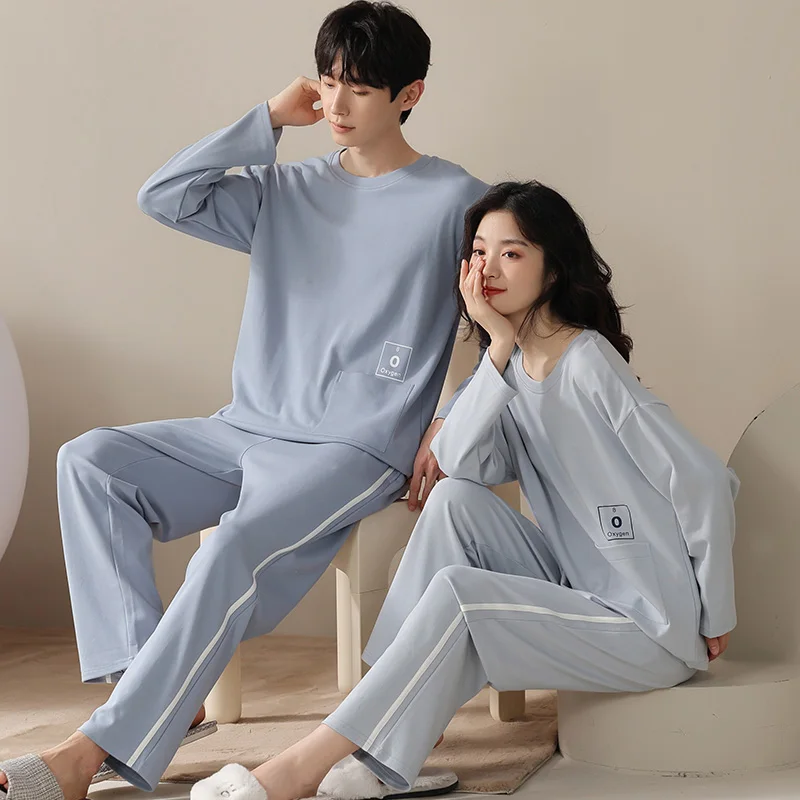 Autumn new knitted cotton imitation women\'s pajamas striped couple double long simple and comfortable men\'s homewear suit