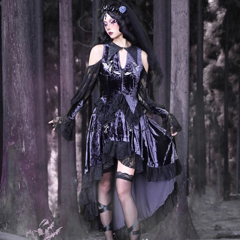 Purple Sexy Women's Clothing 2025 New Velvet Atmosphere Embroidered Pointed Collar Lace Hollow Out Flared Sleeve Gothic Top Girl