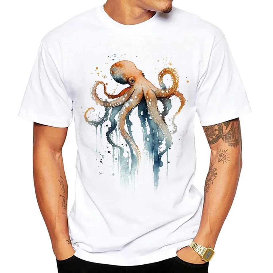 Octopus Watercolor Artwork T Shirt Men Summer Loose Oversized T-shirt Men's Funny Tops Fashion Tees Homme Brand Unisex Clothes