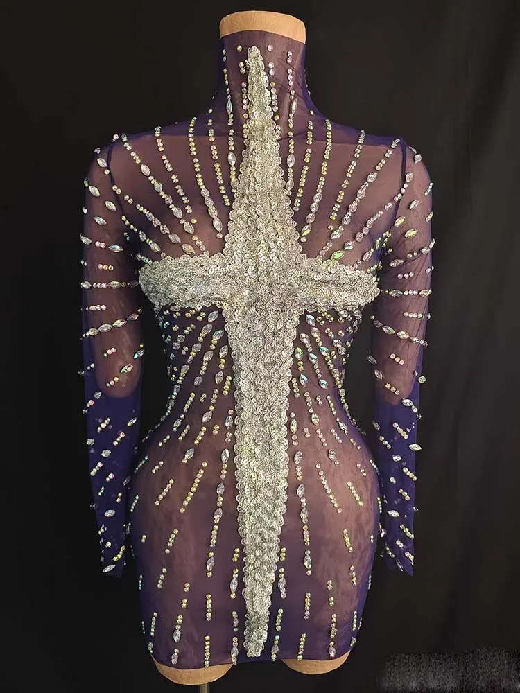 Abito da donna sexy con strass di alta qualità trasparente in rete nera che abbraccia l'anca 2025 Abbigliamento da donna personalizzato di nuova moda