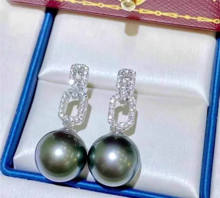 Stunning Pair of 10-11mm 9-10mm natural south sea black round pearl earring 925s