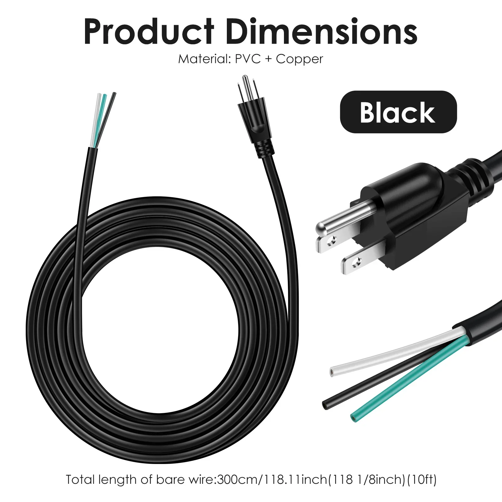 14AWG Power Cord Replacement 15A 125V ETL Certified 3 Prong Grounded Plug with Pre-Stripped End Heavy Duty SJTW 105C Wire for AC