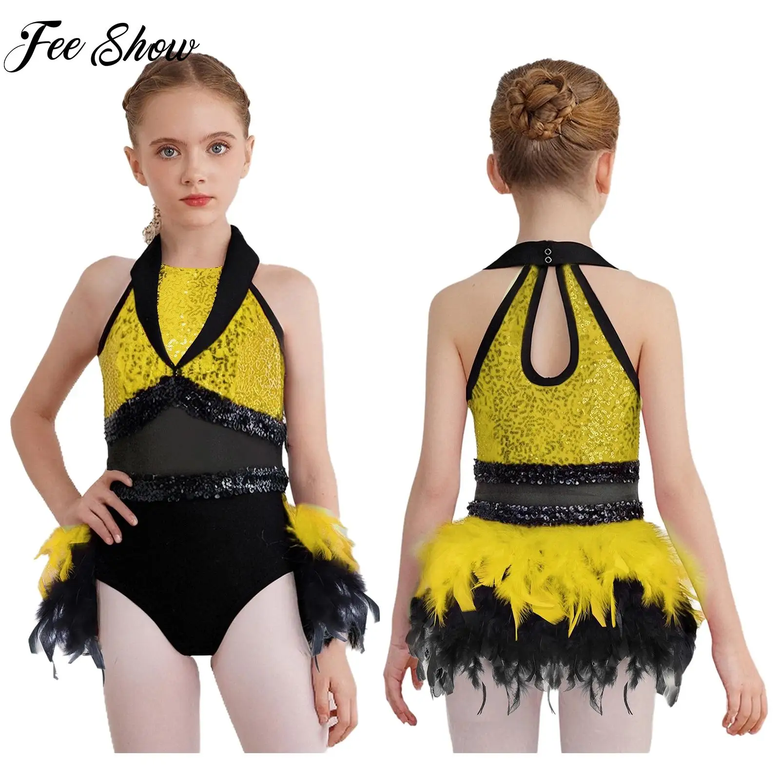 

Girls Feather Ballet Latin Jazz Dance Dress Sleeveless Sequins Mesh Leotard for Kids Figure Skating Dance Party Performance Wear