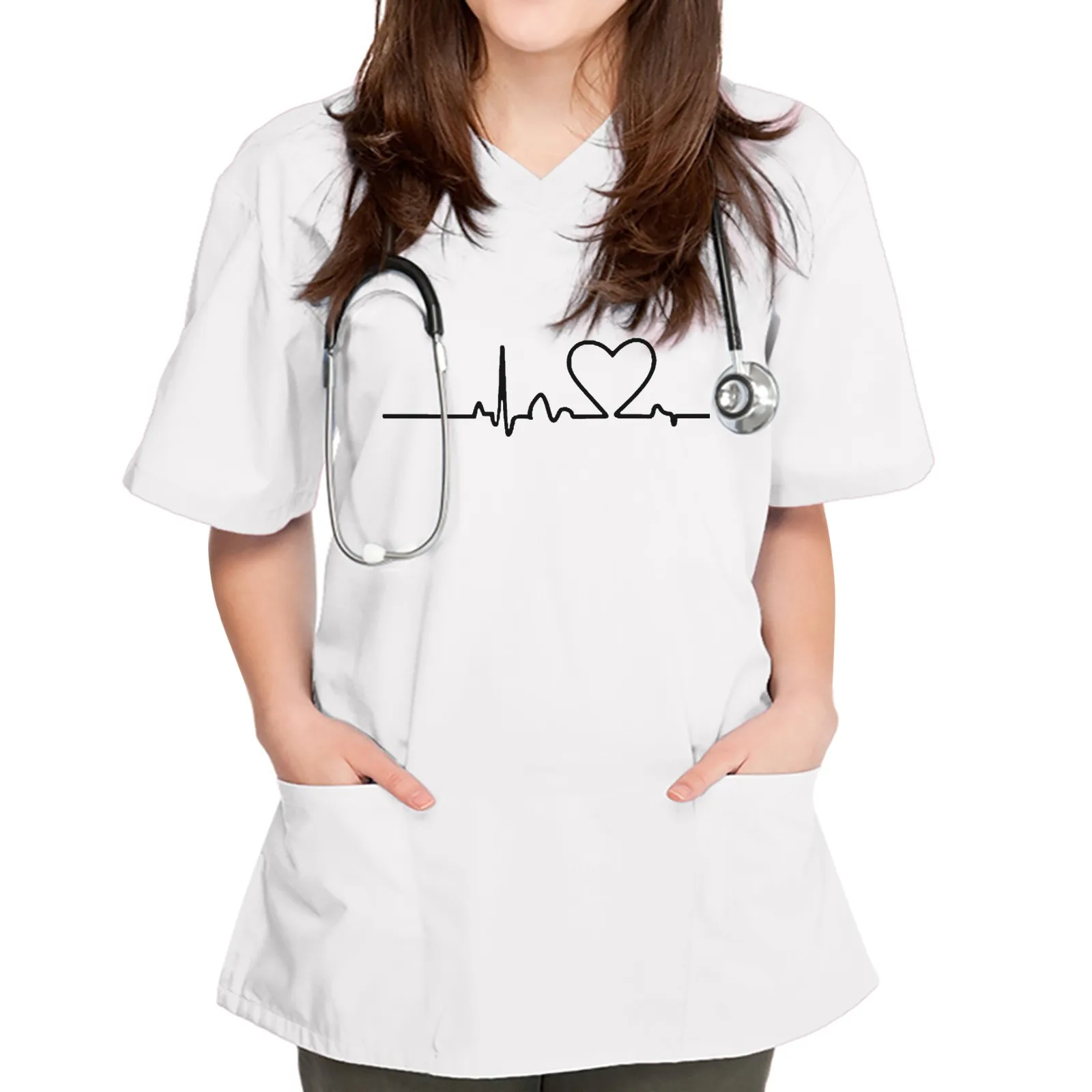 Women Heart Print Nurses Uniform Short Sleeve V-neck Tops Working Uniform Printing Pocket Blouse Tops Pet Grooming Uniforms New