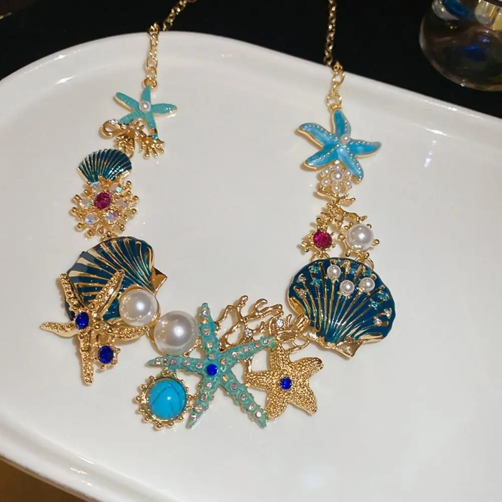 Модное милое ожерелье из ракушек морской звезды, металлическое изысканное ожерелье в морском стиле, серьги со стразами и жемчугом, пляжные украшения для женщин
