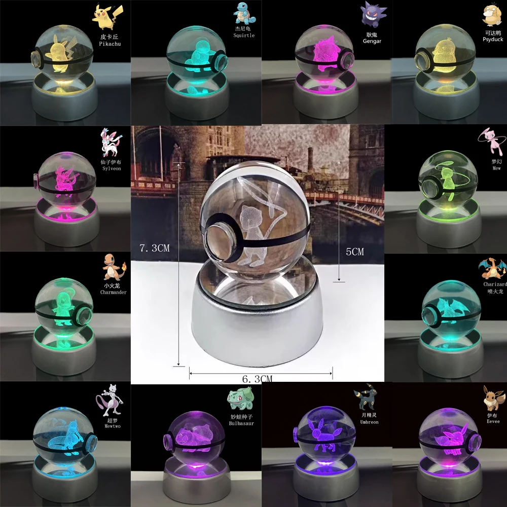 3D Night Light Crystal Ball Pikachu Gengar Mew Mewtwo Figurines Lamp Base Pokeball 3D Glass Ball Statue Kids Birthday Gift