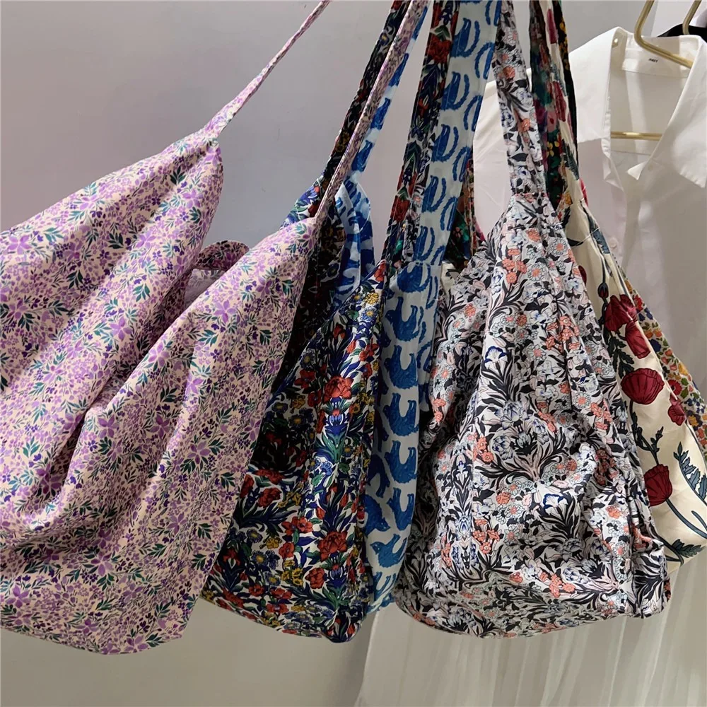 Floral Single Shoulder Bag Elegant Cotton Canvas Lazy Style Messenger Bags Large Capacity Shopping Bags Ladies