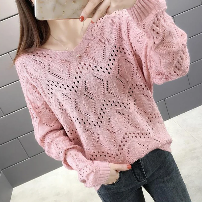 Spring Autumn Solid Hollow Out Jumper Women V-neck Elegant Fashion All-match Pullover Korean Style Sweet Sweater Female Clothes