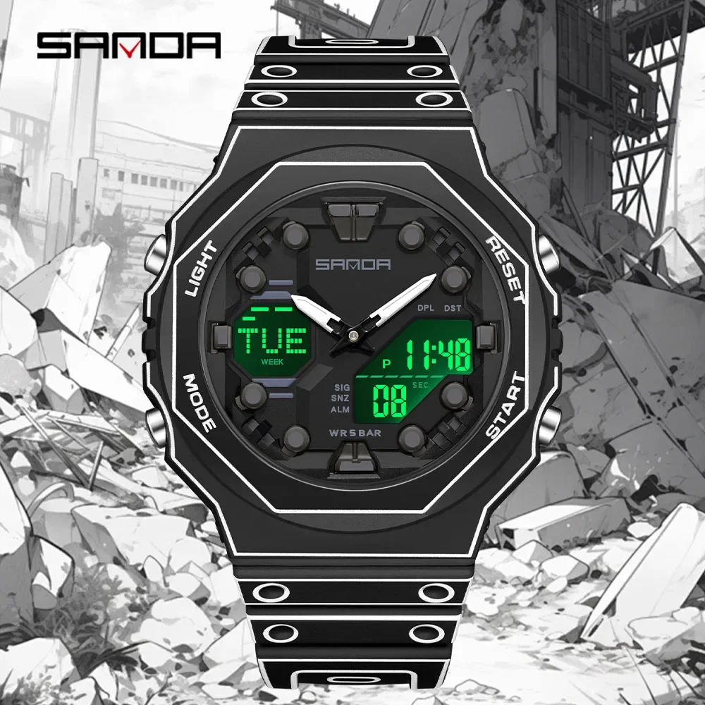 SANDA Military Outdoor Sport Dual Display Quartz Watch LED Luminous 5Bar Waterproof Stopwatch Countdown Multifunction Men Watch