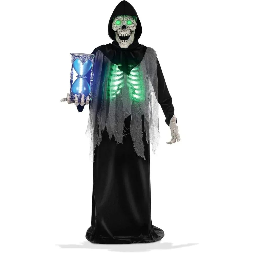 6.5 Ft Halloween Reaper, Outdoor Halloween Decor Standing Poseable Figure with Rotating Head, Light-up, Sound & Motion Activated