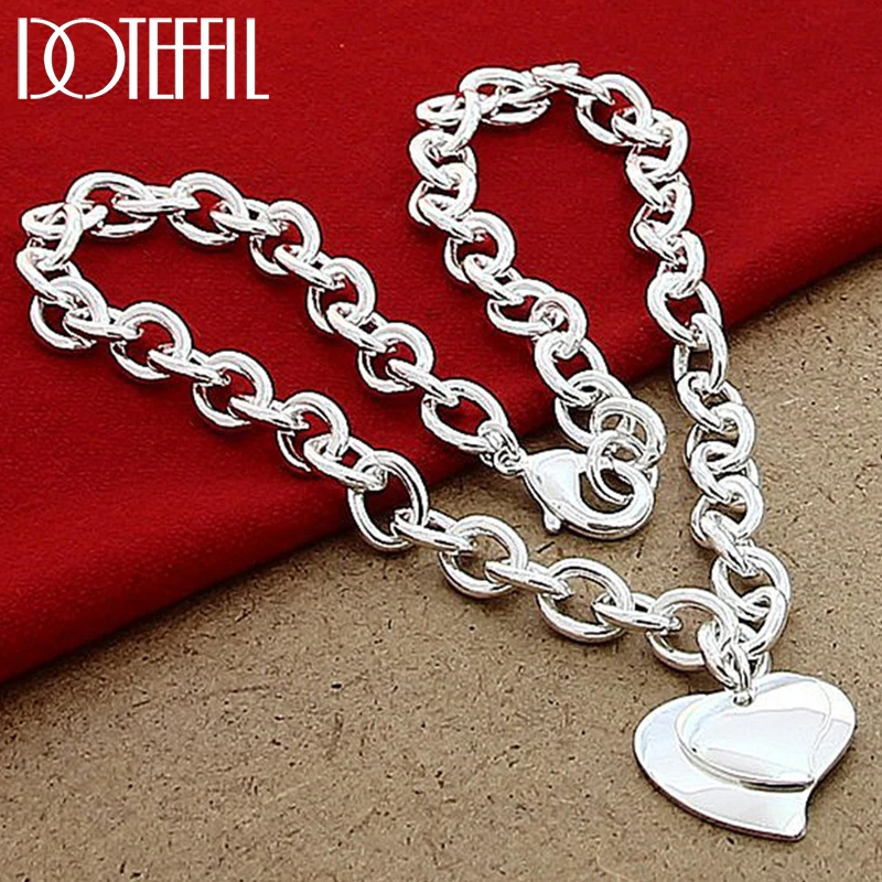 DOTEFFIL 925 Sterling Silver Double Heart Pendant 18 Inch Chain Necklace For Women Wedding Engagement Fashion Jewelry