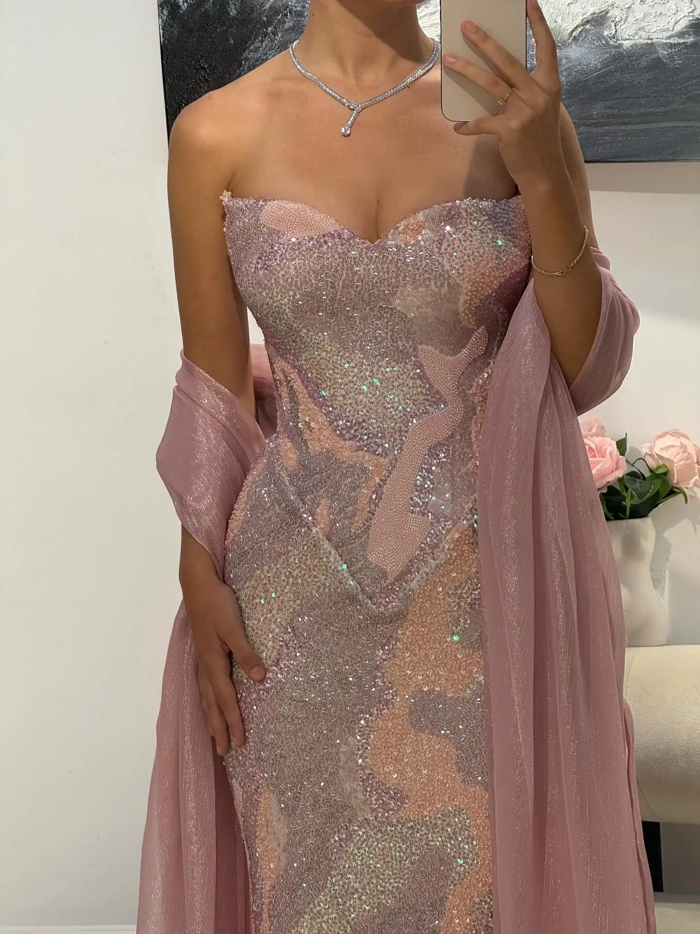 Vestido de noite sem alças com lantejoulas brilhantes, sexy, rosa, tubo, costas nuas, vestidos de sereia com xale transparente, luxo, arábia